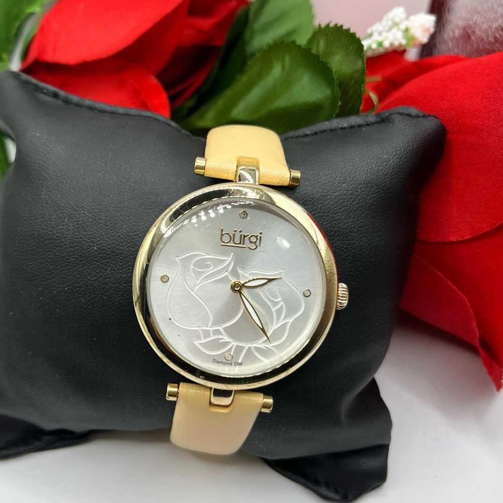 Women's Burgi Flower Engraved Diamond Dial Genuine Leather Strap Watch with box - Picture 8 of 16